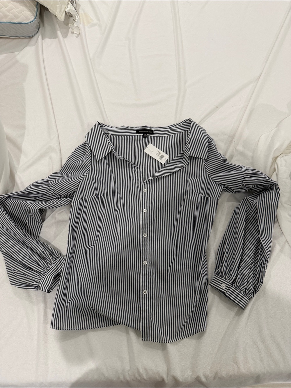 Banana Republic Navy and White Striped Button-Up Blouse